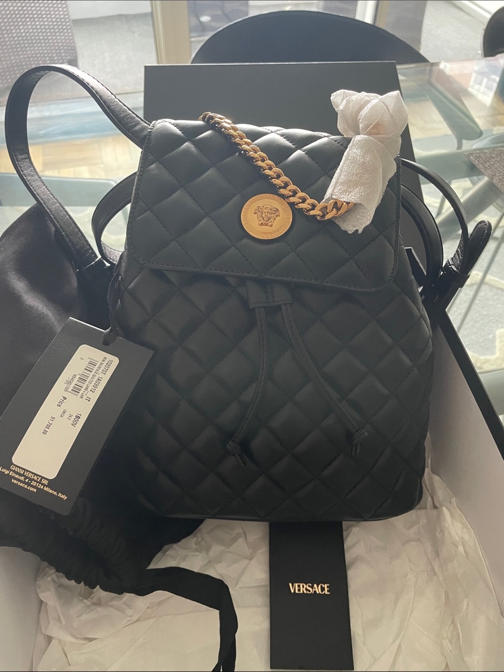 Versace Black Quilted Leather Backpack with Gold Medallion Chain